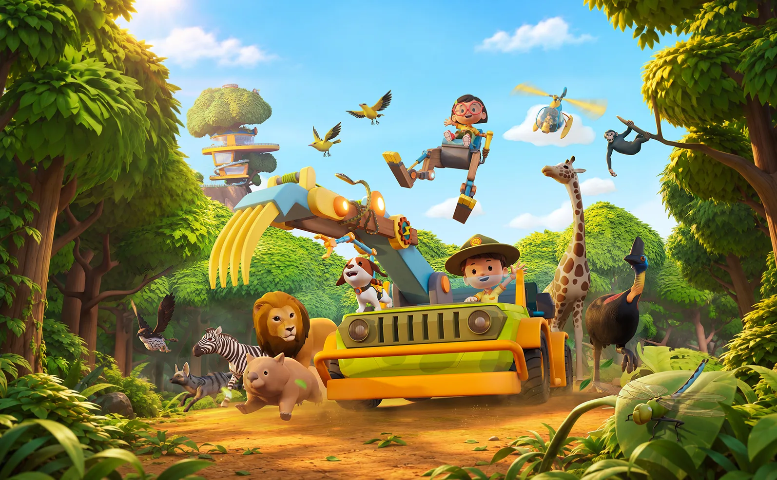 Leo, Katie and Hero with their rescue jeep and animal friends
