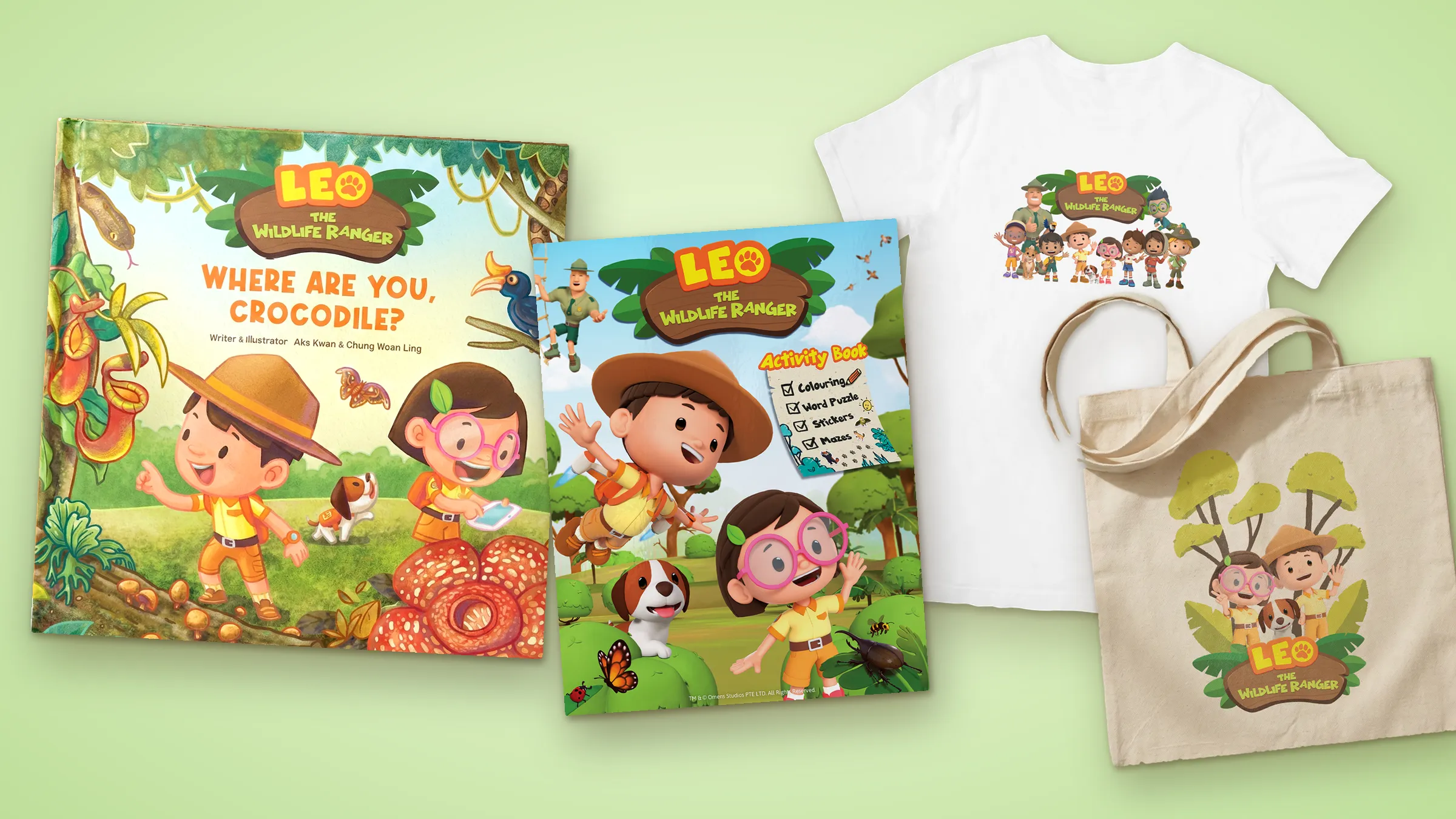 Leo T-shirt, tote bag, storybook and activity book